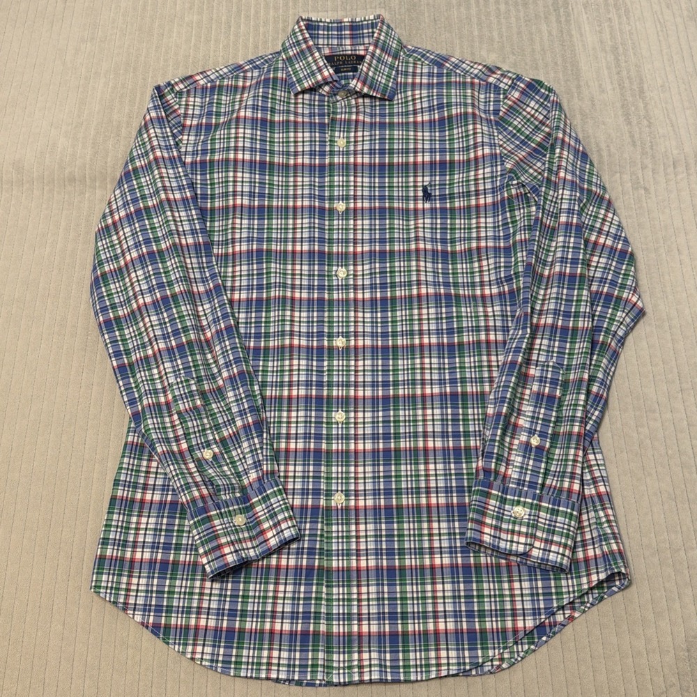 Polo Ralph Lauren Mens Plaid Slim Fit Shirt Blue Green Pink Size M 15.5 Stretch